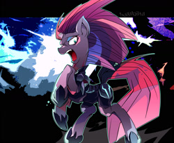 Size: 1600x1319 | Tagged: safe, artist:tyuubatu, character:tempest shadow, species:pony, my little pony: the movie (2017), armor, broken horn, female, mare, open mouth, solo