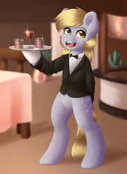 Size: 2200x3000 | Tagged: safe, artist:spirit-dude, character:derpy hooves, species:pony, beverage, bipedal, chair, clothing, female, open mouth, restaurant, solo, suit, table, tray, waitress