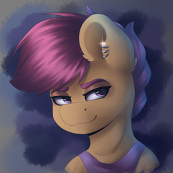 Size: 3000x3000 | Tagged: safe, artist:spirit-dude, character:scootaloo, species:pegasus, species:pony, clothing, ear piercing, female, mare, older, older scootaloo, piercing, smiling, solo
