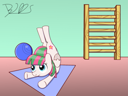 Size: 1333x1000 | Tagged: safe, artist:trackheadtherobopony, character:blossomforth, species:pegasus, species:pony, backbend, ball, female, flexible, gym, ladder, mat, solo, that pony sure is flexible