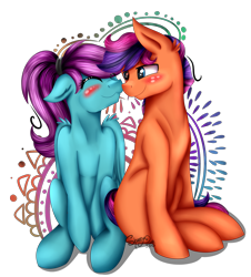 Size: 2351x2605 | Tagged: safe, artist:shamy-crist, oc, oc only, oc:moonlight, oc:sunny salsa, species:earth pony, species:pegasus, species:pony, blushing, eyes closed, female, high res, male, mare, nuzzling, oc x oc, shipping, simple background, sitting, stallion, straight, transparent background