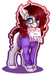 Size: 1770x2565 | Tagged: safe, artist:gaelledragons, oc, oc only, oc:marie, species:earth pony, species:pony, blushing, clothing, commission, cute, female, fluffy, glasses, hoodie, looking at you, mare, mouth hold, note, ocbetes, sign, simple background, transparent background, unshorn fetlocks, ych result