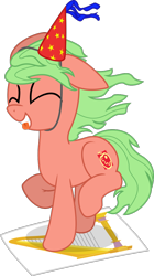 Size: 570x1019 | Tagged: safe, artist:eagle1division, oc, oc only, oc:apple, clothing, cute, dancing, eyes closed, floppy ears, harp, hat, musical instrument, neural network, party, party hat, raised hoof, simple background, solo, tongue out, transparent background, vector, windswept mane, xd, xp