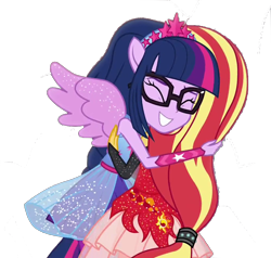 Size: 1000x950 | Tagged: safe, artist:php77, editor:php77, character:sunset shimmer, character:twilight sparkle, character:twilight sparkle (scitwi), species:eqg human, ship:scitwishimmer, ship:sunsetsparkle, equestria girls:forgotten friendship, g4, my little pony: equestria girls, my little pony:equestria girls, alternate universe, eyes closed, female, happy, lesbian, ponied up, shipping, simple background, smiling, transparent background