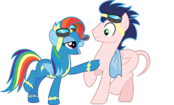 Size: 8799x5318 | Tagged: safe, artist:chrzanek97, edit, editor:slayerbvc, character:rainbow dash, character:soarin', species:pegasus, species:pony, episode:newbie dash, g4, my little pony: friendship is magic, absurd resolution, bald, bedroom eyes, clothed female nude male, clothing, female, furless, furless edit, goggles, male, mare, nude edit, nudity, plucked, rainbow fash, shaved, shaved tail, simple background, squishy chest, stallion, towel, transparent background, uniform, vector, vector edit, wonderbolts uniform