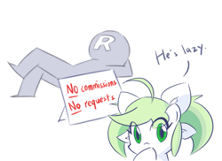 Size: 961x699 | Tagged: safe, artist:rvceric, oc, oc:emerald green, self insert, species:human, dialogue, duo, hoof over mouth, lazy, looking at you, simple background, white background