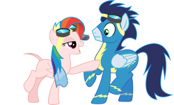 Size: 8799x5318 | Tagged: safe, artist:chrzanek97, edit, editor:slayerbvc, character:rainbow dash, character:soarin', species:pegasus, species:pony, episode:newbie dash, g4, my little pony: friendship is magic, absurd resolution, bald, bedroom eyes, casual nudity, clothed male nude female, clothing, female, furless, furless edit, goggles, male, mare, no shame, nude edit, nudity, plucked, rainbow fash, raised hoof, shaved, shaved tail, simple background, squishy chest, stallion, towel, transparent background, uniform, vector, vector edit, wonderbolts uniform
