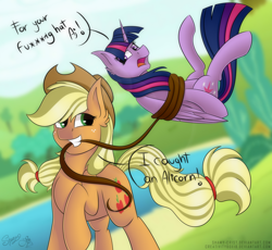 Size: 2500x2300 | Tagged: safe, artist:creativitybox18, artist:shamy-crist, character:applejack, character:twilight sparkle, character:twilight sparkle (alicorn), species:alicorn, species:pony, bondage, bound, bound wings, censored, censored vulgarity, collaboration, high res, lasso, mouth hold, rope, rope bondage, tied up