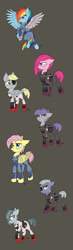 Size: 560x1906 | Tagged: safe, artist:celestial-rainstorm, character:derpy hooves, character:limestone pie, character:marble pie, character:maud pie, character:pinkamena diane pie, character:pinkie pie, character:rainbow dash, species:earth pony, species:pegasus, species:pony, alternate timeline, amputee, apinkalypse pie, apocalypse dash, apocalypse fluttershy, apocalypse maud, augmented, crystal war timeline, epic derpy, eyepatch, gray background, pie sisters, prosthetic limb, prosthetic wing, prosthetics, scar, siblings, simple background, sisters, torn ear