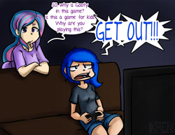 Size: 1002x775 | Tagged: safe, artist:kprovido, character:princess celestia, character:princess luna, species:human, gamer luna, colored text, confused, controller, dark background, humanized, kingdom hearts, luna is not amused, television, unamused, yelling