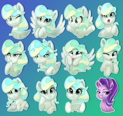 Size: 2287x2160 | Tagged: safe, artist:taneysha, character:starlight glimmer, character:vapor trail, species:pegasus, species:pony, species:unicorn, g4, crossed hooves, cute, expressions, female, lidded eyes, looking at you, mare, one eye closed, one of these things is not like the others, open mouth, silly, silly pony, smiling, smug, smuglight glimmer, spread wings, squishy cheeks, sticker, tongue out, vaporbetes, wings