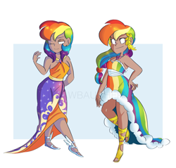 Size: 4783x4582 | Tagged: safe, artist:drawbauchery, character:rainbow dash, species:human, absurd resolution, alternate hairstyle, breasts, cleavage, clothing, dark skin, dress, female, gala dress, humanized, lidded eyes, moderate dark skin, one eye closed, rainbow dash always dresses in style, solo, watermark