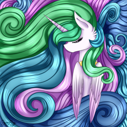 Size: 2500x2500 | Tagged: safe, artist:shamy-crist, character:princess celestia, species:alicorn, species:pony, eyes closed, female, high res, impossibly long mane, long mane, mane, solo