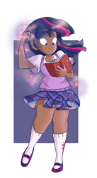 Size: 1963x3590 | Tagged: safe, artist:drawbauchery, part of a set, character:twilight sparkle, species:human, adorkable, book, clothing, cute, dark skin, dork, female, humanized, legs, magic, mary janes, moe, pleated skirt, shoes, skirt, skirt lift, socks, solo, sweater vest, vest, watermark