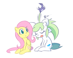 Size: 1797x1420 | Tagged: safe, artist:rvceric, character:fluttershy, oc, oc:emerald green, species:bird, species:earth pony, species:pegasus, species:pony, female, mare, simple background, sleeping, white background, zzz