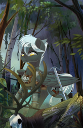 Size: 1910x2917 | Tagged: safe, artist:taneysha, oc, oc only, species:pegasus, species:pony, antlers, forest, gray coat, medallion, skull, solo, sword, the witcher, weapon, white mane, yellow eyes