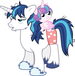 Size: 8197x8359 | Tagged: safe, artist:chrzanek97, artist:sollace, edit, editor:slayerbvc, character:princess flurry heart, character:shining armor, species:alicorn, species:pony, species:unicorn, absurd resolution, baby, baby pony, bed mane, boxers, clothing, diaperless edit, father and daughter, female, filly, foal, heart, heart print underwear, lidded eyes, male, morning ponies, ponies riding ponies, riding, simple background, sleepy, slippers, stallion, stubble, tired, transparent background, underwear, unshorn fetlocks