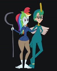 Size: 2089x2609 | Tagged: safe, artist:hunterxcolleen, character:rainbow dash, oc, oc:stewart gary, species:human, my little pony:equestria girls, barefoot, black background, clothing, cosplay, costume, feet, hair dye, humanized, jack frost, pairings, rise of the guardians, simple background, staff, tooth fairy