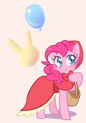 Size: 827x1181 | Tagged: dead source, safe, artist:haden-2375, character:pinkie pie, species:earth pony, species:pony, balloon, bow tie, cape, clothing, female, looking at you, mare, picnic blanket, red riding hood, simple background, solo