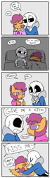 Size: 1000x3544 | Tagged: safe, artist:synnibear03, character:scootaloo, oc, oc:ponytale scootaloo, species:anthro, species:pegasus, species:pony, comic:ponytale, crossover, crossover shipping, female, male, sans (undertale), scootasans, shipping, straight, undertale