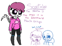 Size: 1063x789 | Tagged: safe, artist:synnibear03, character:scootaloo, oc, oc:ponytale scootaloo, species:pegasus, species:pony, comic:ponytale, bone, crossover, crossover shipping, female, male, sans (undertale), scootasans, shipping, skeleton, skeleton scootaloo, straight, undertale