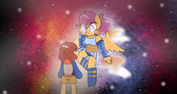 Size: 1532x812 | Tagged: safe, artist:synnibear03, character:scootaloo, oc, oc:ponytale scootaloo, species:anthro, species:pegasus, species:pony, comic:ponytale, duo, frisk, outertale, outertale scootaloo, undertale