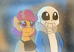 Size: 1113x781 | Tagged: safe, artist:synnibear03, character:scootaloo, oc, oc:ponytale scootaloo, species:anthro, species:pegasus, species:pony, comic:ponytale, crossover, crossover shipping, female, male, sans (undertale), shipping, straight, undertale