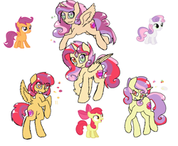 Size: 2440x2000 | Tagged: safe, artist:synnibear03, character:apple bloom, character:scootaloo, character:sweetie belle, oc, species:alicorn, species:pegasus, species:pony, cutie mark crusaders, fusion, fusion diagram, hexafusion, the ultimate cutie mark crusader, we have become one