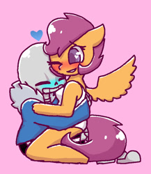 Size: 654x754 | Tagged: safe, artist:synnibear03, character:scootaloo, oc, oc:ponytale scootaloo, species:anthro, species:pegasus, species:pony, species:unguligrade anthro, comic:ponytale, crossover, crossover shipping, downvote bait, female, male, sans (undertale), scootasans, shipping, straight, undertale