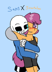 Size: 557x770 | Tagged: safe, artist:synnibear03, character:scootaloo, oc, oc:ponytale scootaloo, species:anthro, species:pegasus, species:pony, comic:ponytale, blue background, blushing, crossover, crossover shipping, female, male, sans (undertale), scootasans, shipping, simple background, straight, undertale