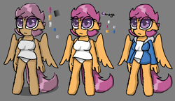Size: 1126x655 | Tagged: safe, artist:synnibear03, character:scootaloo, oc, oc only, oc:ponytale scootaloo, species:anthro, species:pegasus, species:pony, species:unguligrade anthro, comic:ponytale, camisole, clothing, female, gray background, jacket, panties, simple background, solo, underwear, white underwear