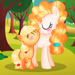 Size: 1000x1000 | Tagged: safe, artist:doraeartdreams-aspy, character:applejack, character:pear butter, apple tree, blushing, eyes closed, female, filly, mother and daughter, nuzzling, smiling, tree, younger