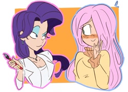 Size: 750x539 | Tagged: safe, artist:drawbauchery, artist:lordsauronthegreat, character:fluttershy, character:rarity, species:human, ship:rarishy, blushing, bust, clothing, female, hair over one eye, humanized, lesbian, looking at each other, shipping, smiling