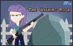 Size: 1861x1162 | Tagged: safe, artist:anime-equestria, character:maud pie, character:tom, my little pony:equestria girls, belt, clothing, crossover, female, fence, gun, human coloration, jeans, pants, piercing, scratches, shotgun, solo, the walking dead, weapon