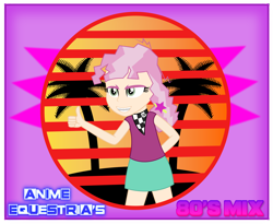 Size: 1782x1461 | Tagged: safe, artist:anime-equestria, character:cheerilee, my little pony:equestria girls, 80s, 80s cheerilee, 80s hair, album cover, bandana, braces, clothing, female, human coloration, palm tree, scarf, skirt, solo, stripes, sunset, thumbs up, tree