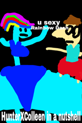 Size: 320x480 | Tagged: safe, artist:hunterxcolleen, artist:iexist1, character:rainbow dash, oc, oc:stewart gary, species:human, 1000 hours in ms paint, big nose, bikini, black background, blank stare, clothing, crappy art, dialogue, glasses, humanized, hunterxcolleen, in a nutshell, parody, simple background, swimsuit, tank top, text, wide hips