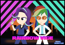 Size: 1616x1120 | Tagged: safe, artist:anime-equestria, character:rainbow dash, character:starlight glimmer, my little pony:equestria girls, belt, city, duo, glow, gun, handgun, human coloration, jewelry, lights, miami, miami vice, necklace, smoking, stripes, sunglasses, sunset, water, weapon