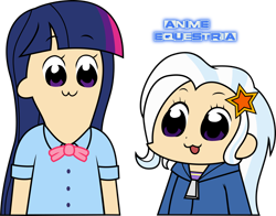 Size: 1484x1161 | Tagged: safe, artist:anime-equestria, character:trixie, character:twilight sparkle, my little pony:equestria girls, bow tie, clothing, duo, hoodie, human coloration, pop team epic, school uniform, simple background, transparent background, zipper