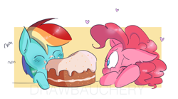 Size: 1322x735 | Tagged: safe, artist:drawbauchery, character:pinkie pie, character:rainbow dash, species:earth pony, species:pegasus, species:pony, ship:pinkiedash, blushing, cake, carrot cake (food), cute, dashabetes, eating, eyes closed, female, food, heart, lesbian, mare, one eye closed, shipping, smiling