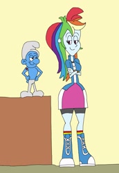 Size: 1545x2241 | Tagged: safe, artist:hunterxcolleen, character:rainbow dash, species:human, my little pony:equestria girls, crossover, hefty smurf, humanized, shelf, simple background, smurfs, the smurfs, yellow background