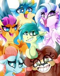 Size: 3000x3800 | Tagged: safe, artist:nekosnicker, character:gallus, character:ocellus, character:sandbar, character:silverstream, character:smolder, character:yona, species:classical hippogriff, species:griffon, species:hippogriff, episode:school daze, g4, my little pony: friendship is magic, cute, diaocelles, diastreamies, eye clipping through hair, female, gallabetes, looking at you, male, sandabetes, smiling, smolderbetes, student six, yonadorable