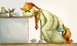 Size: 4600x2736 | Tagged: safe, artist:gaelledragons, oc, oc only, species:pegasus, species:pony, book, braid, crumpled, dock, doctor who, female, floppy ears, mare, paper, pen, pencil, plushie, sitting, solo, sonic screwdriver, vent art