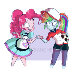 Size: 1909x1740 | Tagged: safe, artist:drawbauchery, character:pinkie pie, character:rainbow dash, ship:pinkiedash, episode:coinky-dink world, episode:epic fails, eqg summertime shorts, g4, my little pony: equestria girls, my little pony:equestria girls, ball, clothing, cute, female, hat, holding hands, lesbian, looking at each other, one eye closed, open mouth, raised eyebrow, server pinkie pie, shipping, smiling, waitress, watermark, wink