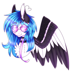 Size: 2984x2779 | Tagged: safe, artist:honeybbear, oc, oc only, oc:beatz, species:pegasus, species:pony, bust, chest fluff, collar, colored pupils, colored wings, colored wingtips, ear fluff, ear piercing, female, glasses, high res, looking at you, mare, piercing, portrait, simple background, solo, spread wings, transparent background, two toned wings, wings