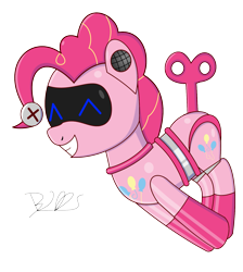Size: 1389x1549 | Tagged: safe, artist:trackheadtherobopony, character:pinkie pie, species:pony, cute, diapinkes, eyes closed, female, happy, jumping, pinkie bot, robot, robot pony, roboticization, simple background, solo, transparent background, wind up key