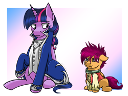 Size: 1080x807 | Tagged: safe, artist:stuflox, character:scootaloo, character:twilight sparkle, character:twilight sparkle (alicorn), oc:dusk shine, species:alicorn, species:pegasus, species:pony, albert de morcef, colt, crossover, cute, cutealoo, duo, duo male, duskabetes, male, mondego, monsparkle, musical, rule 63, rule63betes, scootabert, scooteroll, sitting, the count of monte cristo, the count of monte rainbow