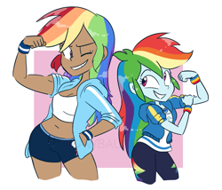 Size: 1319x1131 | Tagged: safe, artist:drawbauchery, character:rainbow dash, species:human, g4, my little pony: equestria girls, my little pony:equestria girls, armband, belly button, board shorts, clothing, dark skin, duality, female, hoodie, human paradox, humanized, midriff, multicolored hair, muscles, one eye closed, role reversal, self paradox, shirt, shorts, simple background, smiling, sweater, tank top, wink