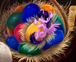 Size: 4472x3680 | Tagged: safe, artist:taneysha, character:spike, character:twilight sparkle, character:twilight sparkle (alicorn), species:alicorn, species:pony, basket, candle, cute, easter, easter basket, easter egg, female, frog (hoof), holiday, horn, mare, micro, one eye closed, solo, tiny ponies, twiabetes, underhoof, wings