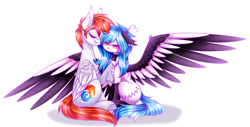 Size: 3658x1865 | Tagged: safe, artist:honeybbear, oc, oc:beatz, oc:heartfire, species:pegasus, species:pony, female, hug, male, mare, simple background, sitting, spread wings, stallion, two toned wings, white background, wings