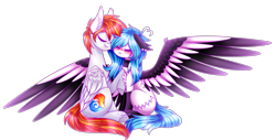 Size: 3658x1865 | Tagged: safe, artist:honeybbear, oc, oc only, oc:beatz, oc:heartfire, species:pegasus, species:pony, clothing, colored wings, cuddling, duo, ear fluff, ear piercing, eyes closed, female, floppy ears, male, mare, piercing, simple background, sitting, socks, spread wings, stallion, transparent background, two toned wings, wings